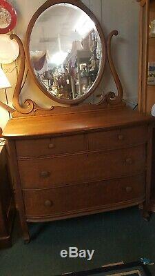 Late Victorian Antique Serpentine Oak Dresser & Carved Mirror 72