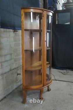 Late Victorian Bow Front Oak Curio China Display Cabinet Empire Ball & Claw Foot