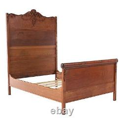 Late Victorian Carved Quartersawn Tiger Oak Full Size Bed Frame Headboard Foot