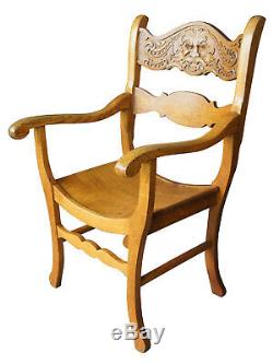 Late Victorian Figural Northwind Face Saddle Seat Curule Arm Chair Oak Mustache