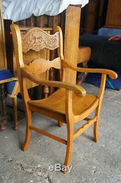 Late Victorian Figural Northwind Face Saddle Seat Curule Arm Chair Oak Mustache