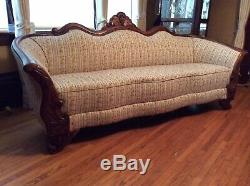 Late Victorian Sofa With Carved Back And Legs In Beige Stripe