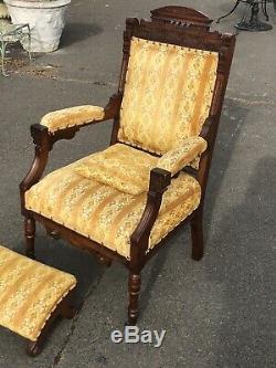 Late Victorian Walnut Arm Chair With Ottoman