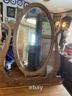 Late1800s Antique Oak Princess Dresser with Beveled Mirror Victorian Art Nouveau