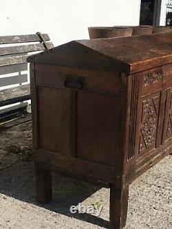 Late18th Century Coffer/chest With Unusual Lid And Carved Front