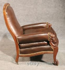 Lion Carved Genuine Leather Late Victorian Mahogany Lounge Club Chair C1870