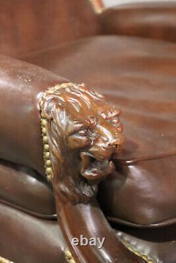 Lion Carved Genuine Leather Late Victorian Mahogany Lounge Club Chair C1870