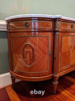 Louis XVI French Provincial Sideboard Ft. Inlaid Rosewood, Bronze Doré, Marble