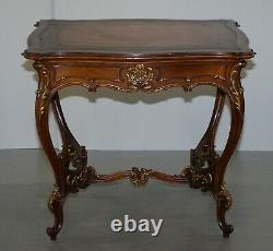 Lovely Circa 1900 Late Victorian French Pine Brown Leather Gold Gilt Desk Table