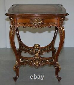 Lovely Circa 1900 Late Victorian French Pine Brown Leather Gold Gilt Desk Table