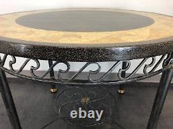 MAITLAND SMITH Wave Themed Faux Mosaic Round Metal Base Table with Brass Accents