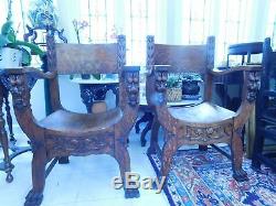 MATCHED PAIR Late 1800's Heavy Carved Oak Lion Figural Chairs Claw Feet