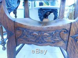 MATCHED PAIR Late 1800's Heavy Carved Oak Lion Figural Chairs Claw Feet