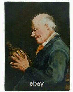 Mid-late 19th C European O/b Seated Old Man Holding Wine Bottle Unframed