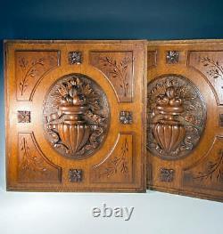 PAIR 2 Heavy Antique French Carved Oak Panels from Cabinet or Furniture, Plaques