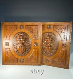 PAIR 2 Heavy Antique French Carved Oak Panels from Cabinet or Furniture, Plaques