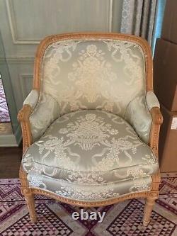 PAIR FINE Louis XVI Style BERGERE CHAIRS TUB late 20th Century CARVED FRAME silk