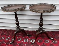 Pair 19th C. Antique Queen Anne Mahogany Accent Lamp Tea Tables withSilver Gallery