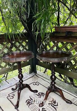 Pair 19th C. Antique Queen Anne Mahogany Accent Lamp Tea Tables withSilver Gallery