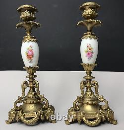 Pair Candle Holders 19e Bronze Porcelain Roses Flowers Vintage Antique