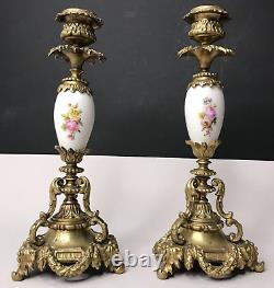 Pair Candle Holders 19e Bronze Porcelain Roses Flowers Vintage Antique