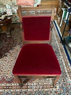 Pair Charles Eastlake Sidechairs, Red Wool Mohair Upholstery, Late 19th Century