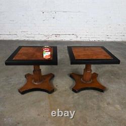 Pair Late 20th Baker Furn Campaign Style Black & Natural Pedestal End Tables