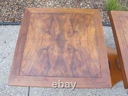 Pair Late 20th Baker Wood Campaign Style Burl Walnut Pedestal Side End Tables