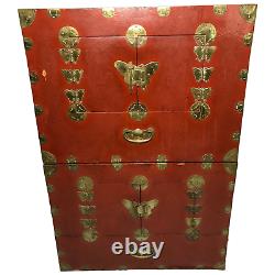 Pair Late Qing Chinese Dowry Marriage Brass Bound Red Lacquer Chest Cabinets