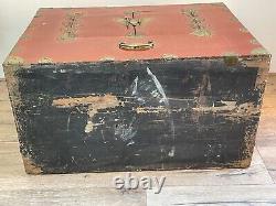 Pair Late Qing Chinese Dowry Marriage Brass Bound Red Lacquer Chest Cabinets