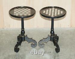 Pair Of Antique Late Victorian Ebonised Hand Painted Chess Board Tripod Tables