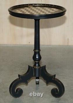 Pair Of Antique Late Victorian Ebonised Hand Painted Chess Board Tripod Tables