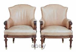 Pair Of Late 19th Century Carved Walnut And Leather Armchairs
