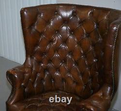 Pair Of Late Victorian Chesterfield Porters Wingback Armchairs Brown Leather