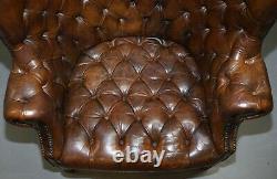 Pair Of Late Victorian Chesterfield Porters Wingback Armchairs Brown Leather