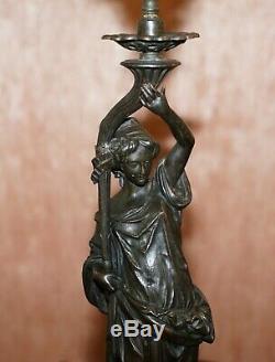 Pair Of Late Victorian French Solid Bronze Table Lamps Of Art Nouveau Maidens