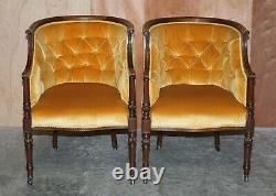 Pair Of Original Late Regency Carved Mahogany Framed Velour Tub Armchairs