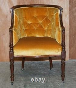 Pair Of Original Late Regency Carved Mahogany Framed Velour Tub Armchairs