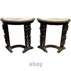 Pair of Late 19th C European Carved Walnut Demilune Marble Top Consoles