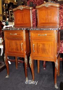 Pair of Late 19th c. Mahogany Inlaid Marble Topped Bedside Cabinets