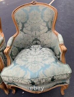Pr French Louis XV Style Carved Bergere Armchairs Silk Fabric Rococo Cabriole