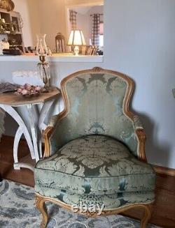 Pr French Louis XV Style Carved Bergere Armchairs Silk Fabric Rococo Cabriole