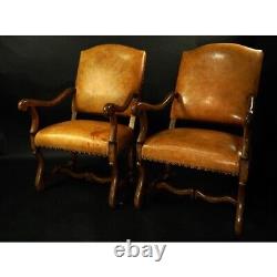 Pr Late 20th C Louis XIV Style Walnut Leather Upholstered Armchairs (af2-180)