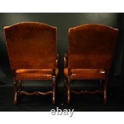 Pr Late 20th C Louis XIV Style Walnut Leather Upholstered Armchairs (af2-180)