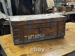 Primitive METAL BOUND LEATHER STAGECOACH TRUNK Tooled Design Forged Hardware