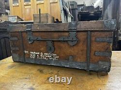 Primitive METAL BOUND LEATHER STAGECOACH TRUNK Tooled Design Forged Hardware