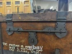 Primitive METAL BOUND LEATHER STAGECOACH TRUNK Tooled Design Forged Hardware