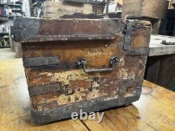 Primitive METAL BOUND LEATHER STAGECOACH TRUNK Tooled Design Forged Hardware