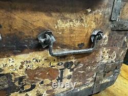 Primitive METAL BOUND LEATHER STAGECOACH TRUNK Tooled Design Forged Hardware