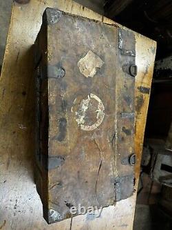 Primitive METAL BOUND LEATHER STAGECOACH TRUNK Tooled Design Forged Hardware